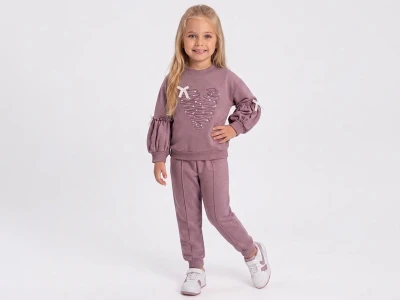 Toptan FEELY KİDS Kalp Nakışlı Kız Takım  MÜRDÜM - Beniz Bebe