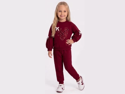 Toptan FEELY KİDS Kalp Nakışlı Kız Takım  BORDO - Beniz Bebe