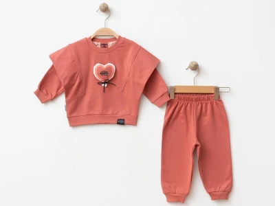 Toptan BEBİNNİ Kalp Nakışlı Kız Takım  NARÇİÇEĞİ - Beniz Bebe