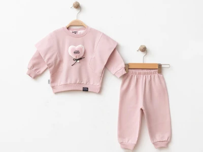 Toptan BEBİNNİ Kalp Nakışlı Kız Takım  AÇIKPEMBE - Beniz Bebe