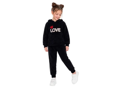 Toptan CMK Kalp Nakışlı Well Soft Peluş Kumaş Kız Takım  SİYAH - Beniz Bebe