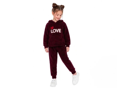 Toptan CMK Kalp Nakışlı Well Soft Peluş Kumaş Kız Takım  BORDO - Beniz Bebe