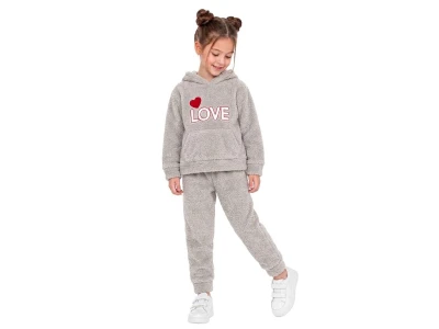 Toptan CMK Kalp Nakışlı Well Soft Peluş Kumaş Kız Takım  GRİ - Beniz Bebe