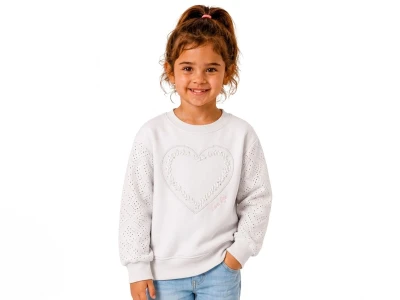 Toptan BİTTOŞ KİDS Kalp Nakışlı Taş Detaylı 3 İp Şardonlu Kız Sweat - Toptan Çocuk Giyim Beniz Kids