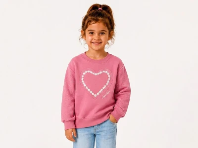 Toptan BİTTOŞ KİDS Kalp Nakışlı Taş Detaylı 3 İp Şardonlu Kız Sweat PEMBE - Beniz Bebe