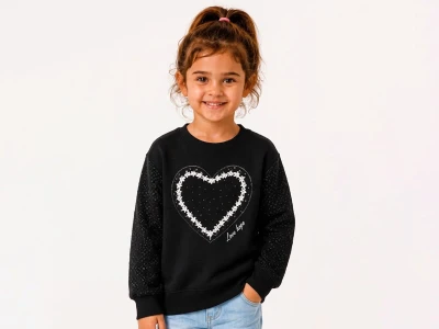 Toptan BİTTOŞ KİDS Kalp Nakışlı Taş Detaylı 3 İp Şardonlu Kız Sweat SİYAH - Beniz Bebe