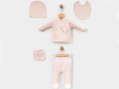 Toptan CAYZEN Kalp Nakışlı Yenidoğan Kız Bebe 5li Set Powder - Beniz Bebe