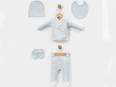 Toptan CAYZEN Kalp Nakışlı Yenidoğan Kız Bebe 5li Set MİNT - Beniz Bebe