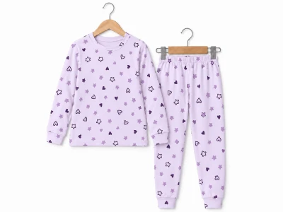 Toptan SÜPERMİNİ  Kalp & Yıldız Desenli Kız Pijama Takım  Lilac - Beniz Bebe