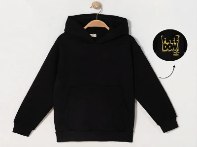 Toptan RUHAT KİDS Kanguru Cepli Siyah Kapşonlu 3 İp Şardonlu Erkek Sweat  - Toptan Çocuk Giyim Beniz Kids