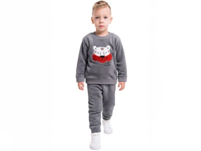 Toptan LİZARD Kaplan Nakışlı Well Soft Peluş Erkek Takım  FÜME - Beniz Bebe
