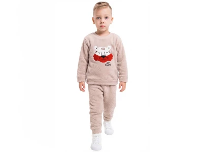 Toptan LİZARD Kaplan Nakışlı Well Soft Peluş Erkek Takım  BEJ - Beniz Bebe