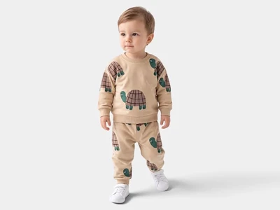 Toptan GÖZDE Kaplumbağa Baskılı Erkek Bebek Takım Beige - Beniz Bebe
