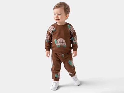 Toptan GÖZDE Kaplumbağa Baskılı Erkek Bebek Takım Brown - Beniz Bebe
