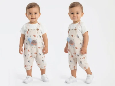 Kaplumbağa Desenli Bebe İkili Salopet Set