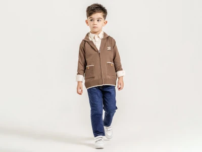 Toptan YAVRUCAK Kapşonlu 3'lü Erkek Çocuk Takım Brown - Beniz Bebe