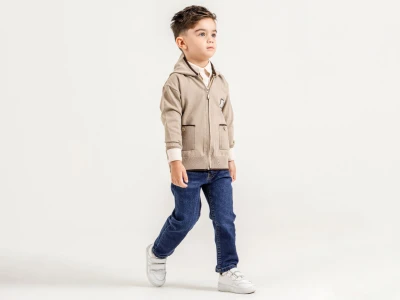 Toptan YAVRUCAK Kapşonlu 3'lü Erkek Çocuk Takım Beige - Beniz Bebe