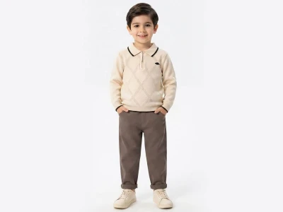 Toptan WEENY KİDS Kare Desenli Fermuarlı Triko Erkek Takım  - Toptan Çocuk Giyim Beniz Kids