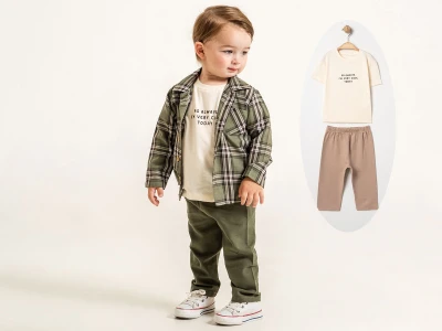 Toptan ÇITIR KİDS Kare Desenli Gömlekli Erkek Bebe Üçlü Takım  - Toptan Çocuk Giyim Beniz Kids