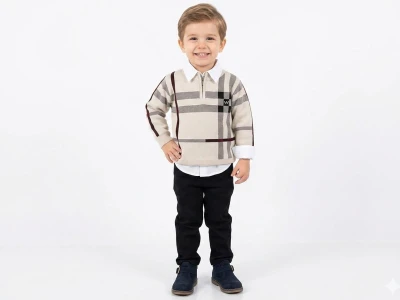 Toptan WEENY KİDS Kare Desenli Gömlekli Erkek Üçlü Takım  - Toptan Çocuk Giyim Beniz Kids