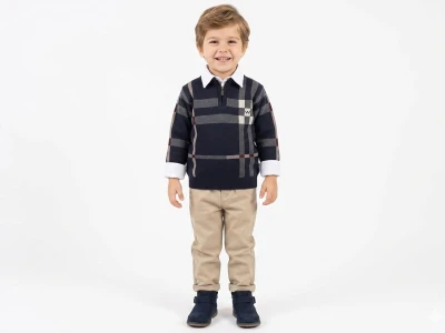 Toptan WEENY KİDS Kare Desenli Gömlekli Erkek Üçlü Takım  LACİVERT - Beniz Bebe