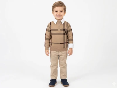 Toptan WEENY KİDS Kare Desenli Gömlekli Erkek Üçlü Takım  KAHVERENGİ - Beniz Bebe