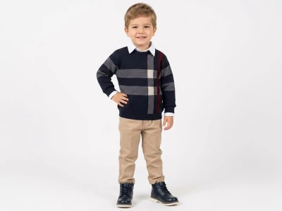 Toptan WEENY KİDS Kare Desenli Gömlekli Triko Erkek Bebe Üçlü Takım  - Toptan Çocuk Giyim Beniz Kids