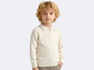 Toptan METEX Kare Desenli Triko Polo Yaka Erkek Sweat  BEYAZ - Beniz Bebe