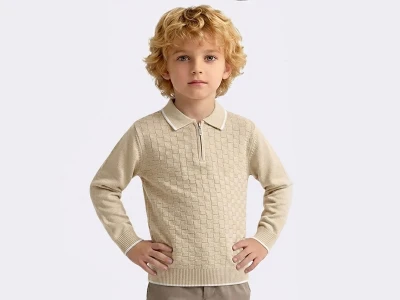 Toptan METEX Kare Desenli Triko Polo Yaka Erkek Sweat  KREM - Beniz Bebe