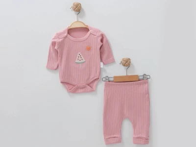 Toptan NAYINOM Karpuz Dondurma Baskılı Kız Bebe Takım  GÜLKURUSU - Beniz Bebe