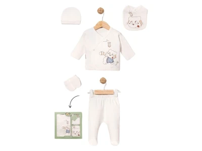 Toptan BABY ZUHU Kedi Baskılı 5'li Hastane Çıkışı Erkek Bebek Zıbın Set - Toptan Çocuk Giyim Beniz Kids