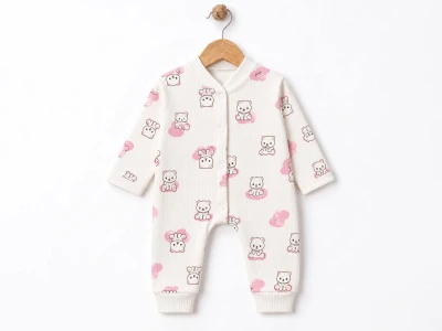 Toptan SÜPERMİNİ Kedi Baskılı Bebek Tulum BEYAZ - Beniz Bebe