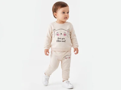Toptan BAM-BİNO Kedi Baskılı Erkek Bebe Takım  - Toptan Çocuk Giyim Beniz Kids