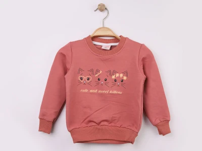 Toptan WENGE KİDS Kedi Baskılı Kız Sweat - Toptan Çocuk Giyim Beniz Kids