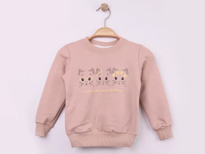Toptan WENGE KİDS Kedi Baskılı Kız Sweat BEJ - Beniz Bebe