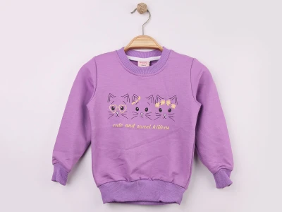 Toptan WENGE KİDS Kedi Baskılı Kız Sweat LİLA - Beniz Bebe