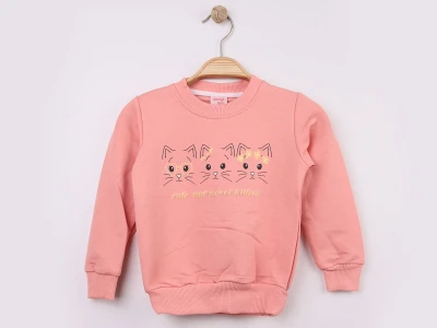 Toptan WENGE KİDS Kedi Baskılı Kız Sweat GÜLKURUSU - Beniz Bebe