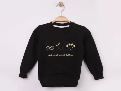 Toptan WENGE KİDS Kedi Baskılı Kız Sweat SİYAH - Beniz Bebe