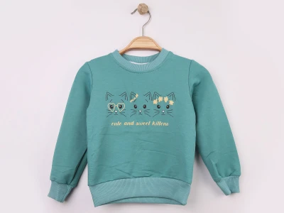 Toptan WENGE KİDS Kedi Baskılı Kız Sweat YEŞİL - Beniz Bebe