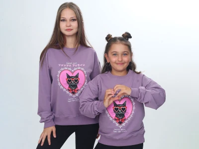 Toptan VIZVIZ Kedi Baskılı Kız Sweat  - Toptan Çocuk Giyim Beniz Kids