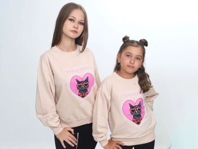 Toptan VIZVIZ Kedi Baskılı Kız Sweat  BEJ - Beniz Bebe