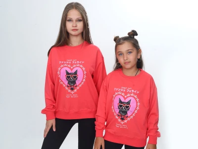 Toptan VIZVIZ Kedi Baskılı Kız Sweat  NARÇİÇEĞİ - Beniz Bebe