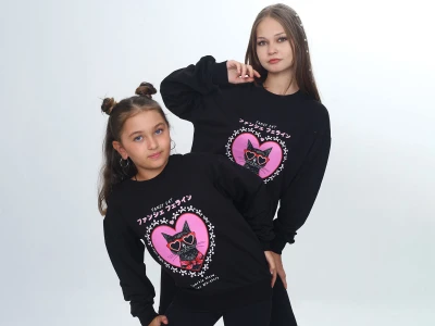 Toptan VIZVIZ Kedi Baskılı Kız Sweat  SİYAH - Beniz Bebe