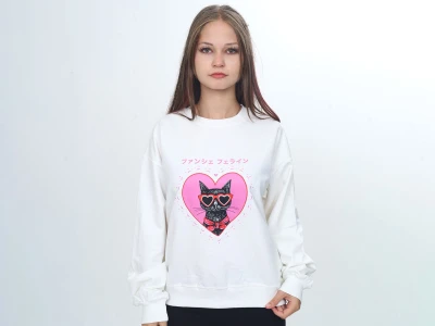 Toptan VIZVIZ Kedi Baskılı Kız Sweat  BEYAZ - Beniz Bebe