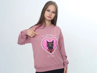 Toptan VIZVIZ Kedi Baskılı Kız Sweat  GÜLKURUSU - Beniz Bebe