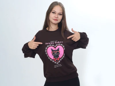 Toptan VIZVIZ Kedi Baskılı Kız Sweat  KAHVERENGİ - Beniz Bebe