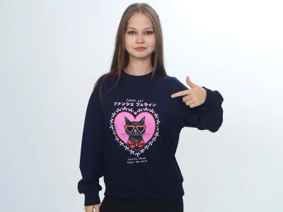 Toptan VIZVIZ Kedi Baskılı Kız Sweat  LACİVERT - Beniz Bebe