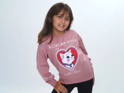 Toptan VIZVIZ Kedi Baskılı Kız Sweat  - Toptan Çocuk Giyim Beniz Kids