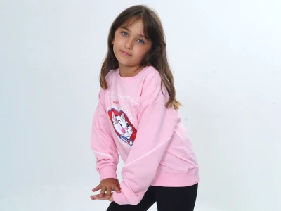 Toptan VIZVIZ Kedi Baskılı Kız Sweat  Pink - Beniz Bebe