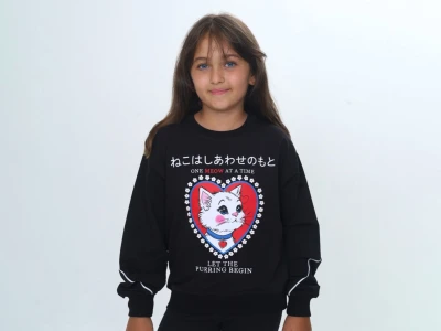 Toptan VIZVIZ Kedi Baskılı Kız Sweat  siyah - Beniz Bebe